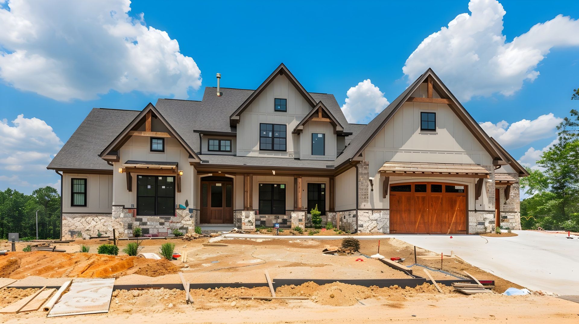 New custom home under construction with stone and siding exterior, timber brackets, and unfinished landscaping